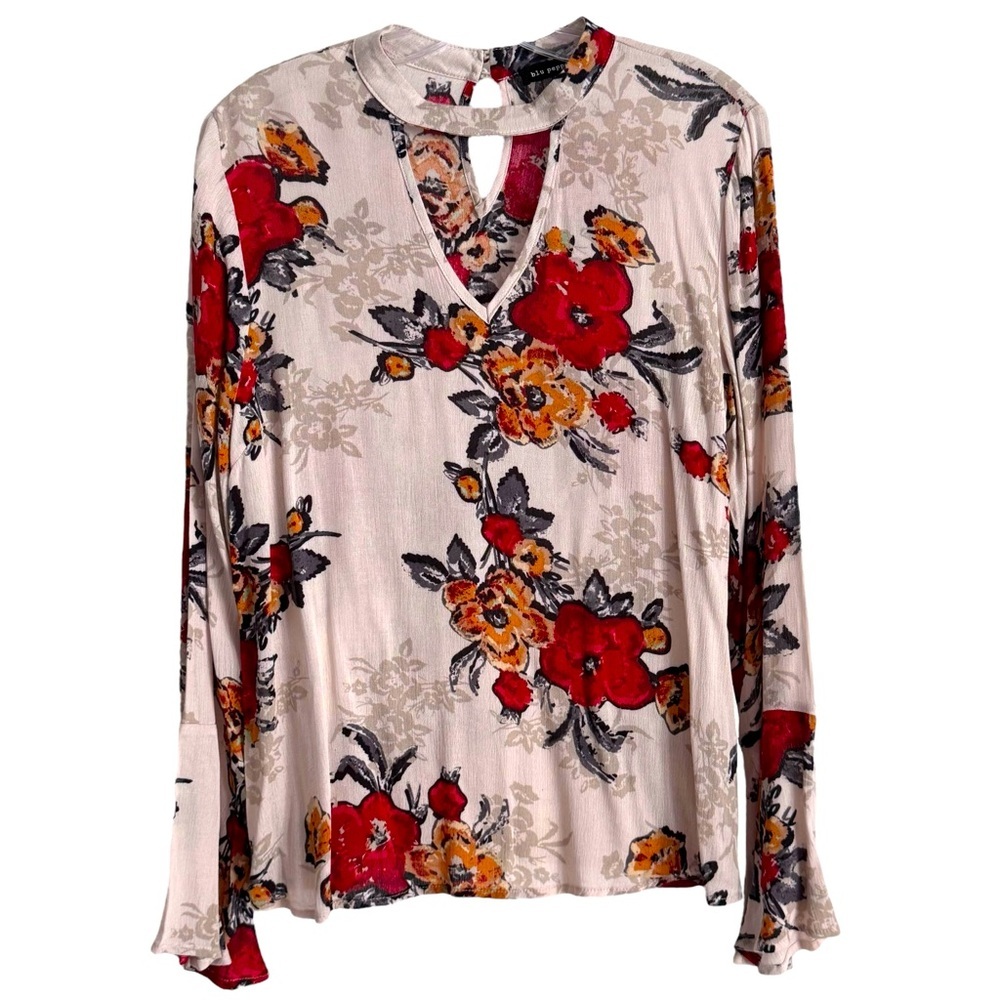 Blu pepper Size M Rayon Floral Bell Sleeves Covered Buttons V-neck Cutout Top